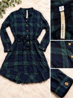 Uncle Frank Navy & Dark Green Plaid Button-Front Long Sleeve Dress